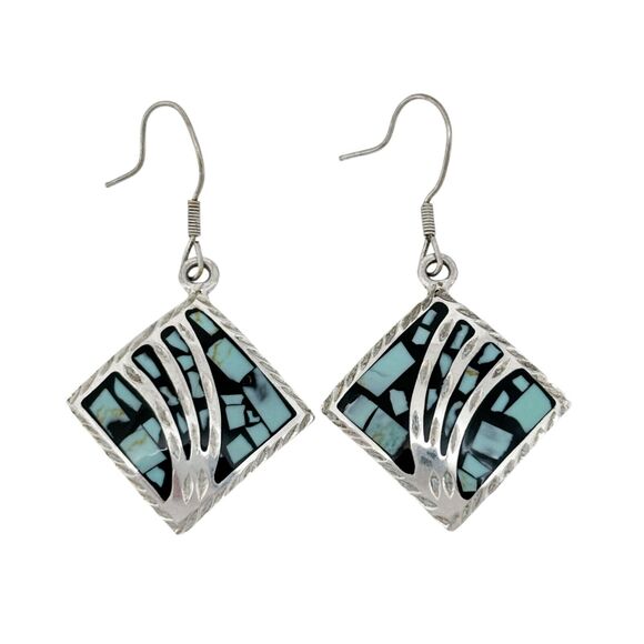 Vintage Mexico Sterling Silver 925 Dyed Blue Magnesite Inlay Dangle Earrings - Picture 2 of 6